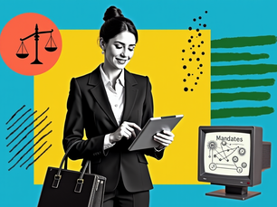 Collage im modernen Retro-Stil: Schwarz-Weiss-Foto einer lächelnden Anwältin mit Tablet ('Mandates' auf dem Bildschirm), davor blaue, gelbe, rote und grüne geometrische Muster mit Rechtssymbolen, Netzwerk-Symbolen, diagonalen Streifen, Punkt-Raster und einem vintage CRT-Monitor mit SEO-Elementen.