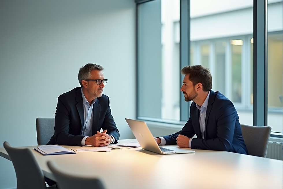 Zwei Personen mittleren Alters, Berater und Klient, sitzen in einem hellen, professionellen Schweizer Büro an einem Konferenztisch und führen ein konzentriertes Gespräch über generische Diagramme auf einem Laptop.