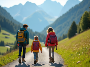 Fröhliche Familie in moderner Wanderkleidung auf einem sonnigen Themenweg in den Schweizer Alpen. Zwei Kinder (6-10 Jahre) interagieren spielerisch mit einer interaktiven Station. Majestätische Berglandschaft mit grünen Almen und kristallklarem Bachlauf im Hintergrund. Natürlicher Spielplatz angedeutet.