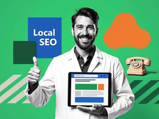 Collage im Retro-Werbestil: lächelnder Physiotherapeut mit Tablet und Daumen hoch, daneben ein rotes Telefon mit Meta Logo und verschiedenen geometrischen Formen, darunter ein großes blaues Rechteck mit der Aufschrift Local SEO.