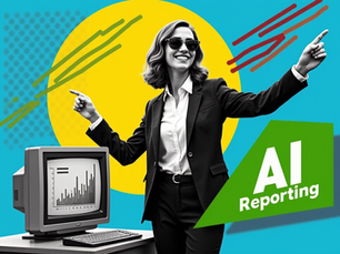 Collage im modernen Retro-Stil. Schwarz-weiß Foto einer jungen Businessfrau mit Sonnenbrille, die auf einen Bildschirm/Chart zeigt. Gelber Kreis hinter ihrem Kopf, grüne Form mit 'AI Reporting', alter CRT-Monitor mit Daten. Blauer und bunter Hintergrund.