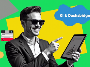 Eine Collage-Illustration im modernen Retro-Werbestil zeigt eine lächelnde Person mit Sonnenbrille und Business-Casual-Kleidung, die selbstbewusst zeigt und ein Tablet mit Datenvisualisierung hält. Der Hintergrund ist leuchtend grün, mit einem gelben Quadrat, einer blauen organischen Form mit den Wörtern 'KI & Datenschutz', einem Stapel Disketten, diagonalen Streifen und roten würfelförmigen Blöcken.