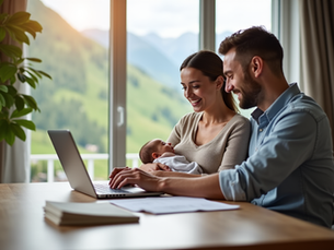 Junges Elternpaar mit Neugeborenem sitzt entspannt vor einem Laptop in einem hellen Schweizer Wohnzimmer mit Blick auf Alpenhügel.