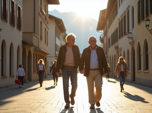 Ein Paar mittleren Alters schlendert durch eine malerische, sonnenbeschienene Gasse in einer Schweizer Stadt mit traditioneller und moderner Architektur, im Hintergrund sanft angedeutete Alpen.