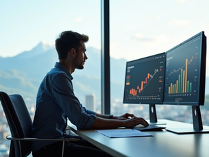 Junge, entschlossen wirkende Person sitzt konzentriert an einem modernen Schreibtisch mit zwei Monitoren, die Finanzgraphen zeigen. Unscharfe, moderne Schweizer Skyline im Hintergrund.