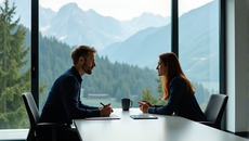 Zwei Personen im modernen Büro vor grosser Glasfront mit Blick auf bewaldete Schweizer Berglandschaft. Eine Fachkraft sitzt nachdenklich am Schreibtisch, gegenüber führt eine beratende Person ein empathisches Gespräch. Auf dem Tisch liegen ein Notizblock und ein Tablet bei weichem Tageslicht.