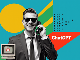 Collage-Illustration im Retro-Stil: Mann mit Sonnenbrille und Schnurlostelefon, vor blauem Hintergrund mit gelbem Kreis, rot umrahmt der Text ChatGPT Service, CRT-Monitor, grüne Streifen und schwarzes Punktgitter.