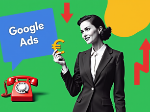 Collage-Illustration im Retro-Stil mit einer Geschäftsfrau, die ein Euro-Symbol hält. Hintergrund: grüner Bereich mit blauem Google Ads-Feld und gelber Blob-Form. Rote Pfeile und ein Vintage-Telefon ergänzen das Design.