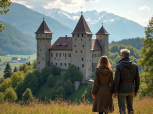 Ein Paar mittleren Alters steht vor einer mittelalterlichen Schweizer Burg auf einem Hügel, umgeben von einer sanften Hügellandschaft mit Bäumen. Sie halten sich an den Händen und blicken auf die Burg. Fotorealistisch, warme Beleuchtung.
