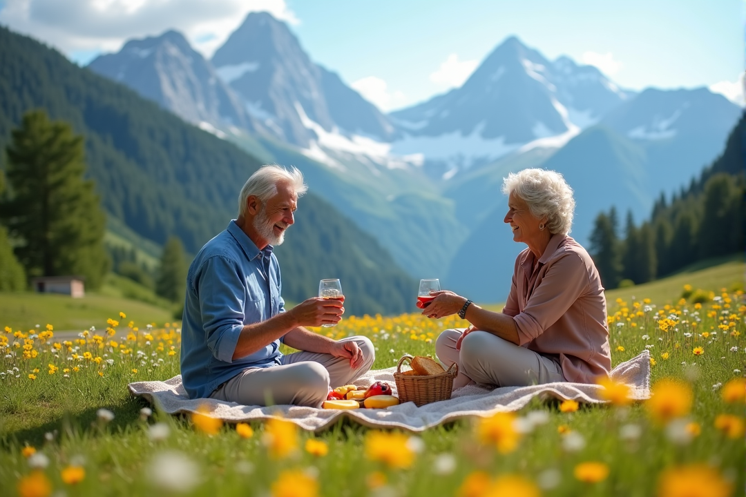 Ein Paar genießt ein Picknick in den Schweizer Alpen