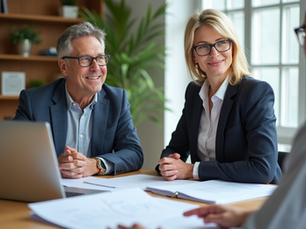 Ein Paar mittleren Alters sitzt an einem Holztisch in einem Beratungsbüro vor Dokumenten und einem Laptop mit abstrakter Benutzeroberfläche. Eine Hand deutet auf ein Dokument, Atmosphäre ist ruhig und lösungsorientiert.
