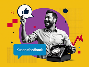 Collage im Modern-Retro-Stil: Mann mit Sprechblasen-Symbol und Daumen hoch, gelber Hintergrund, violette, blaue und rote Formen, Telefon mit Trendgrafik, Text 'Kundenfeedback'.