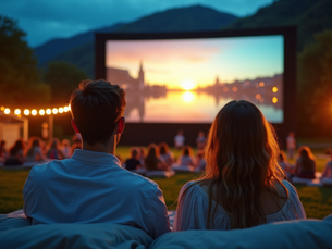 Ein Paar geniesst einen romantischen Open-Air-Kinoabend in der Schweiz bei warmem, diffusem Licht vor einer malerischen nächtlichen Kulisse von Stadtlichtern oder einem See.