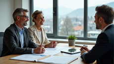 Ein Finanzberater in einem hellen Schweizer Büro führt ein Beratungsgespräch mit einem Paar mittleren Alters an einem Holztisch mit Tablet und Notizblock vor einer modernen Stadtkulisse.
