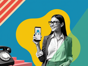 Collage-Illustration im Retro-Ad-Stil mit lächelnder Frau, Smartphone, geometrischen Formen, Telefon und pinken Blöcken.