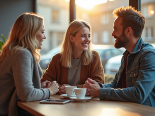 Drei junge bis mittelalte Personen in hellem Café oder Gemeinschaftsraum, engagiert im Gespräch. Eine Person lacht herzlich, während die andere aufmerksam zuhört. Auf dem Tisch stehen Kaffeetassen und ein Tablet, das digitale Vernetzung symbolisiert. Warme Stimmung gegen sanften Hintergrund architektonischer Hinweise auf eine Schweizer Stadt.