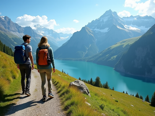 Junges, motiviertes Paar auf einem sonnigen Wanderweg in den Schweizer Alpen. Sie blicken auf kristallklare Bergseen und schneebedeckte Alpengipfel im Hintergrund. Die Szene vermittelt Freiheit und Naturerlebnis.