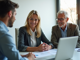 Zwei Personen sitzen in einem modernen Büro einem Berater gegenüber. Personen sind in Business-Casual-Kleidung gekleidet, Atmosphäre ist unterstützend, auf dem Tisch liegen Dokumente und ein Laptop.