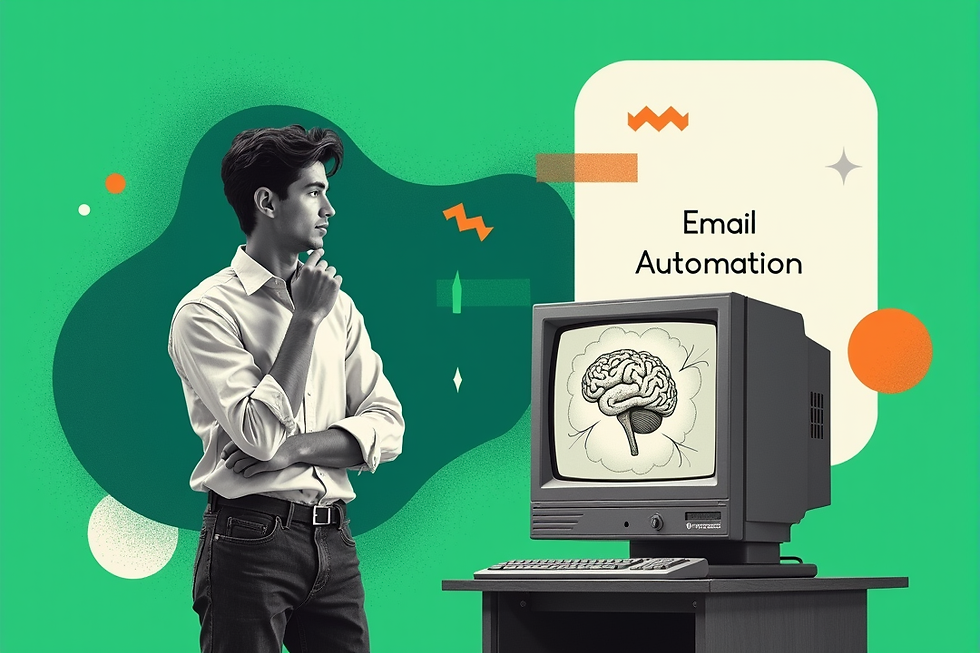 Moderne Retro-Collage: Person tippt nachdenklich auf Kinn neben CRT-Monitor mit Gehirn-Grafiken. Hintergrund: lebhaftes Grün mit türkisfarbenem, organischem Element. Unten rechts weißes Rechteck mit 'Email Automation', darunter orangefarbene Pfeile, die Person und Monitor verbinden. Dezentes Rastermuster in Dunkelgrau.