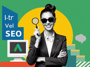 Eine Collage im Retro-Werbe-Stil mit einer lächelnden Geschäftsfrau, die eine Lupe hält. Im Hintergrund geometrische Formen, ein CRT-Monitor mit Google Ads Logo und Textfeld 'Local SEO'.
