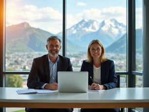 Ein Paar mittleren Alters in Businesskleidung sitzt an einem Schreibtisch mit Dokumenten und Laptop mit Wachstumsgrafik vor einer verschwommenen Schweizer Stadtsilhouette und Alpen.