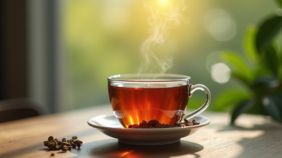 Close-up view of a vibrant herbal tea cup on a wooden table