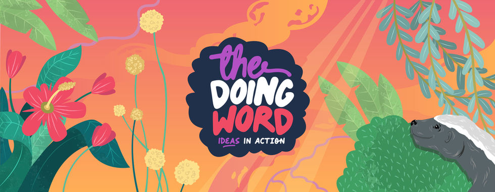 Honey badger looking at The Doing Word logo in warm jungle scene