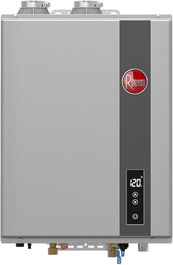Rheem RTGH stainless steel tankless water heater with digital temperature display and vent connections.