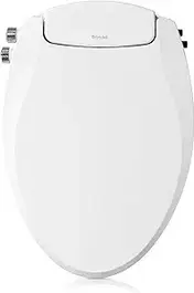 Brondell non-electric bidet toilet seat with dual temperature control, white elongated design, dual nozzle system.