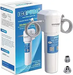 ICEPURE under sink water filter system, 3-year or 22,000-gallon capacity, NSF/ANSI 42 certified, includes hoses and fittings.
