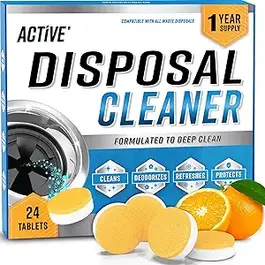 Active garbage disposal cleaner and deodorizer tablets, 24 pack citrus foaming formula, deep cleans, deodorizes, and protects disposals for 1 year supply.