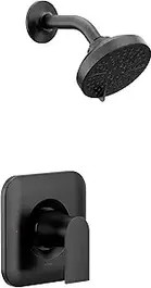 Moen Genta LX matte black modern shower trim kit with showerhead and lever handle, pressure balancing design.