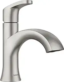 Moen Karis Brushed Nickel Faucet – Single-handle bathroom sink faucet in spot resist brushed nickel with high-arc curved spout and optional deck plate.