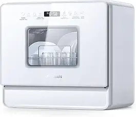 AIRMSEN portable countertop dishwasher with 5L built-in water tank, 2-level rack, LED display, and compact white design for small kitchens.