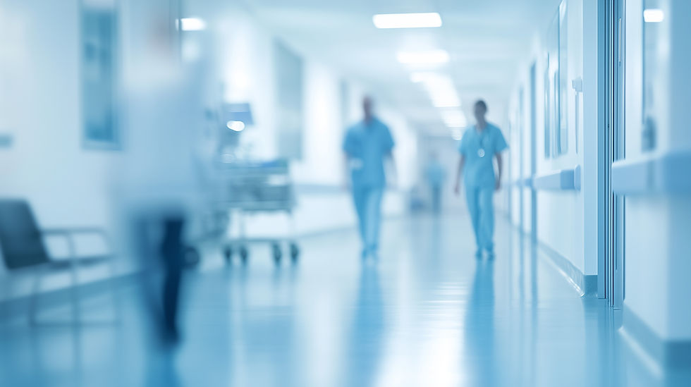 Blurred background of a hospital interior with medical equipment and people in motion, a l