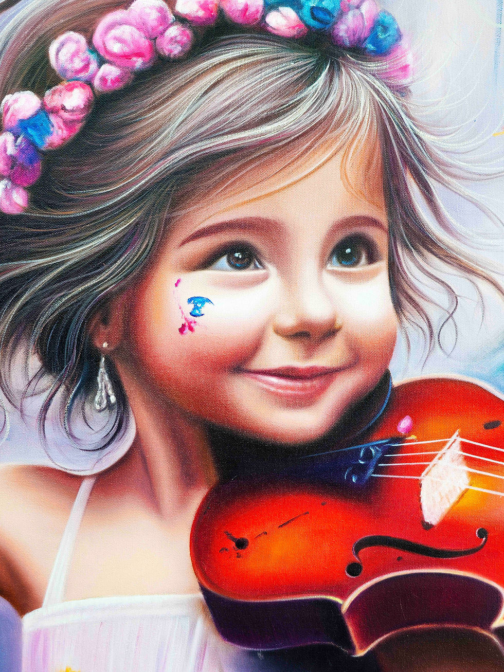 Thumbnail: Tableau enfant violoniste par Vincent Bardou. Peinture unique à l’huile, entre portrait réaliste, art abstrait, street art et