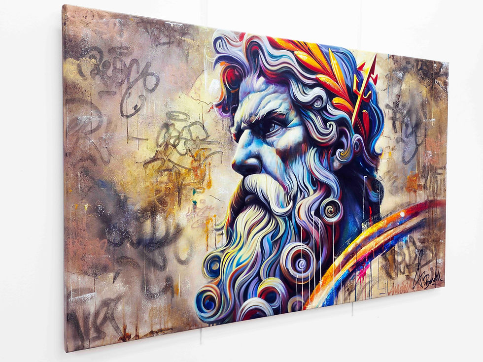 Zeus Street Art Pop Art Mehrfarbiges Gemälde von Vincent Bardou: moderne und gewagte Wanddekoration, Fusion zwischen antiker Kultur und zeitgenössischer Straßenkunst.