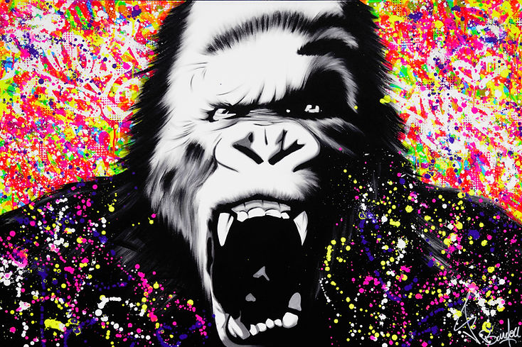 Tableau gorille pop art et street art contemporain, œuvre originale signée Vincent Bardou, art animalier puissant représentant un gorille expressif, décoration murale moderne et design.