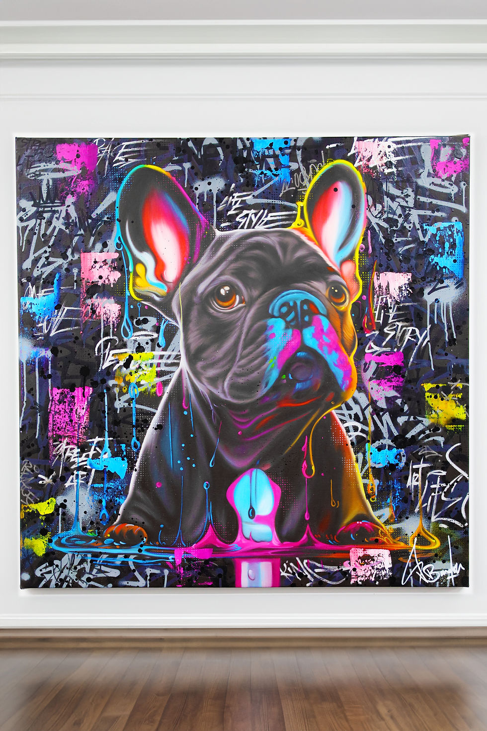 Miniatura: Bulldog graffiti sur toile colorée œuvre street art de Vincent Bardou parfait pour déco murale moderne et artistique.