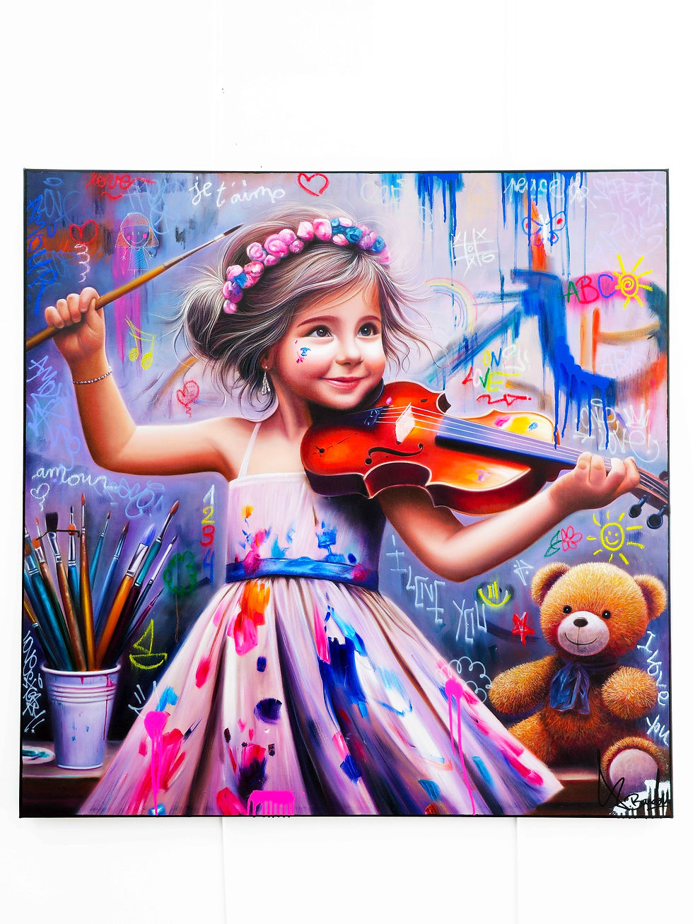 Thumbnail: Portrait réaliste d’une enfant au violon. Œuvre originale, peinture à l’huile, art contemporain, pop art abstrait, idéale pou