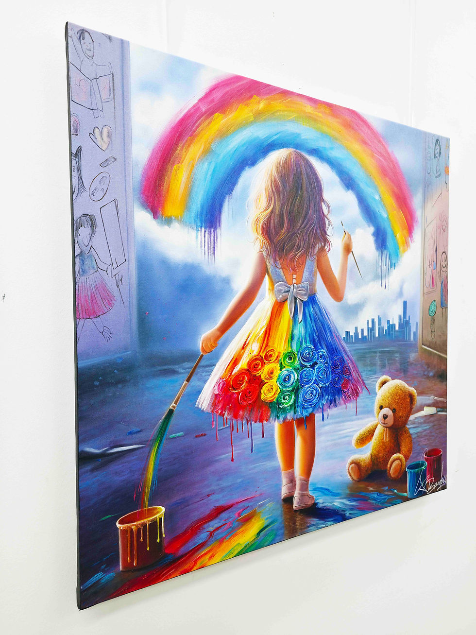 Tableau Banksy fillette peignant un arc-en-ciel avec son ourson, street art pop art abstrait, œuvre Vincent Bardou pour déco