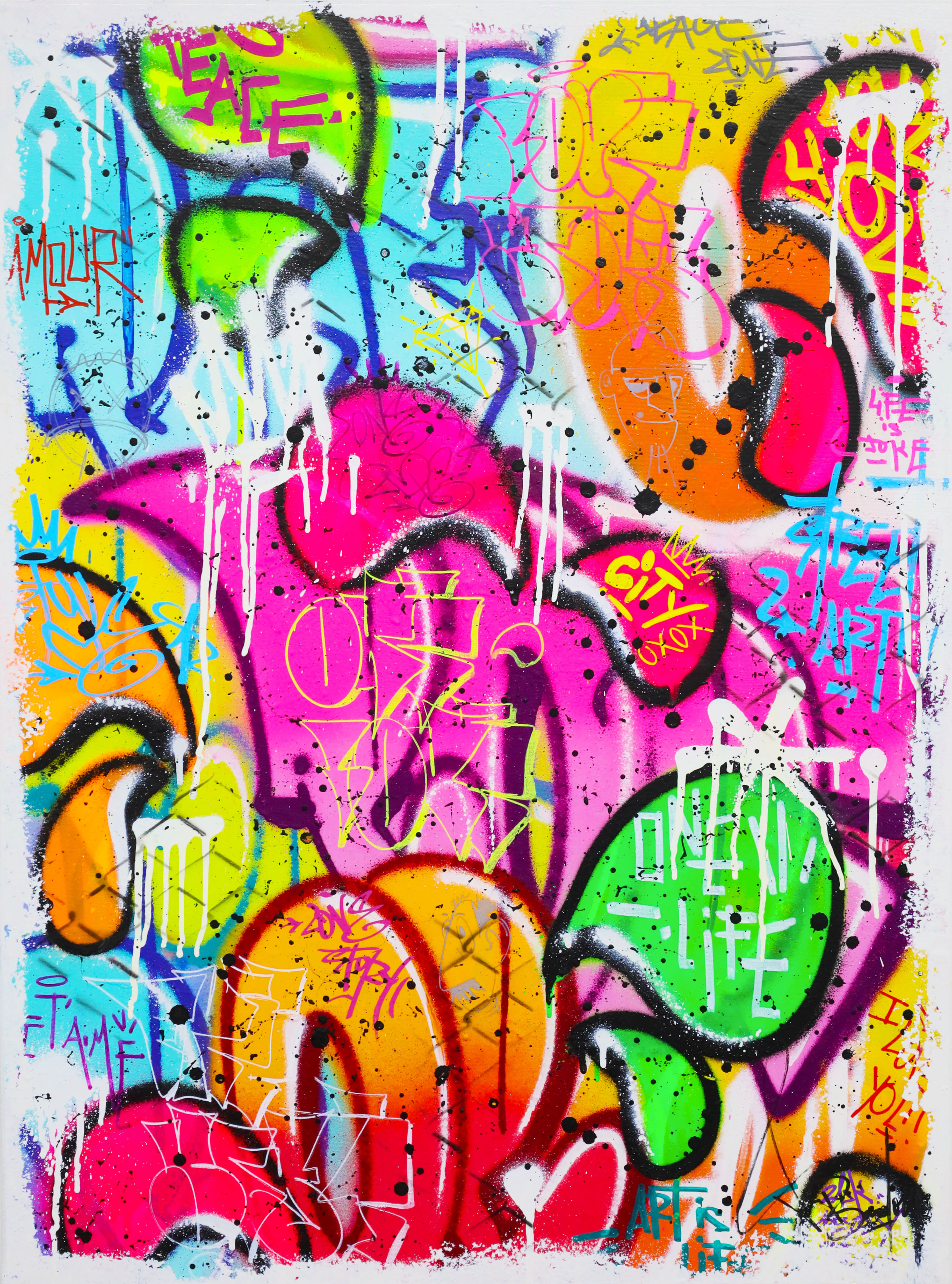 Tableau graffiti multicolore moderne au style pop art fluo sur fond blanc, signé Vincent Bardou.