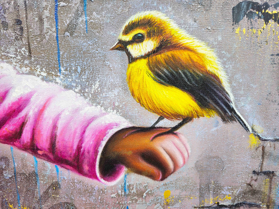 Miniatura: Toile contemporaine montrant une jeune fille tenant un parapluie avec un oiseau perché sur sa main, peinte à l’huile dans un