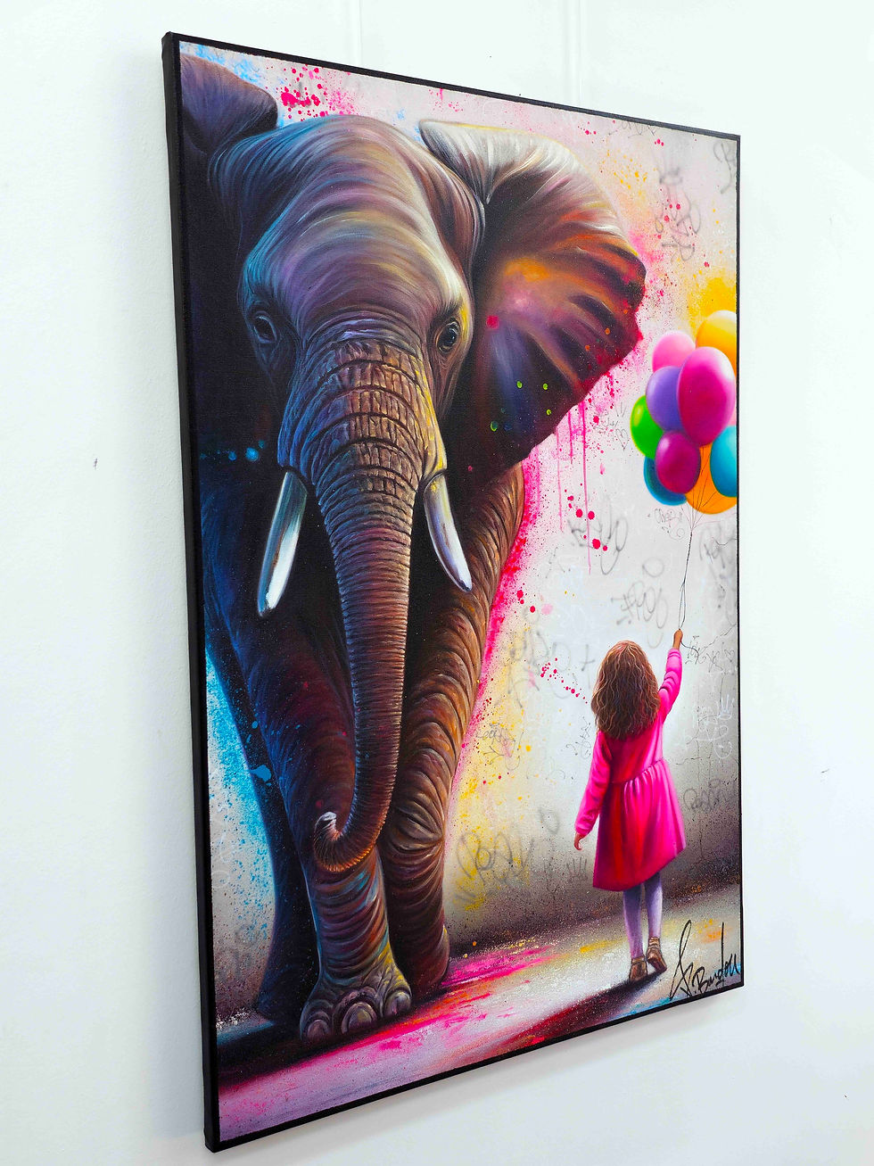 Tableau petite fille pop art coloré, signé Vincent Bardou. Une œuvre graffiti contemporaine où une fillette avec ballons