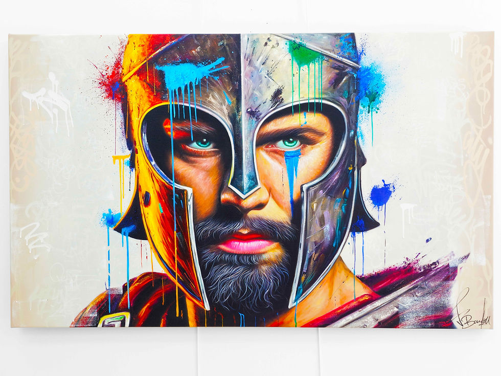 Thumbnail: Soldat romain pop art en graffiti multicolore. Tableau signé Vincent Bardou, armure antique et regard fort. Pièce unique déco