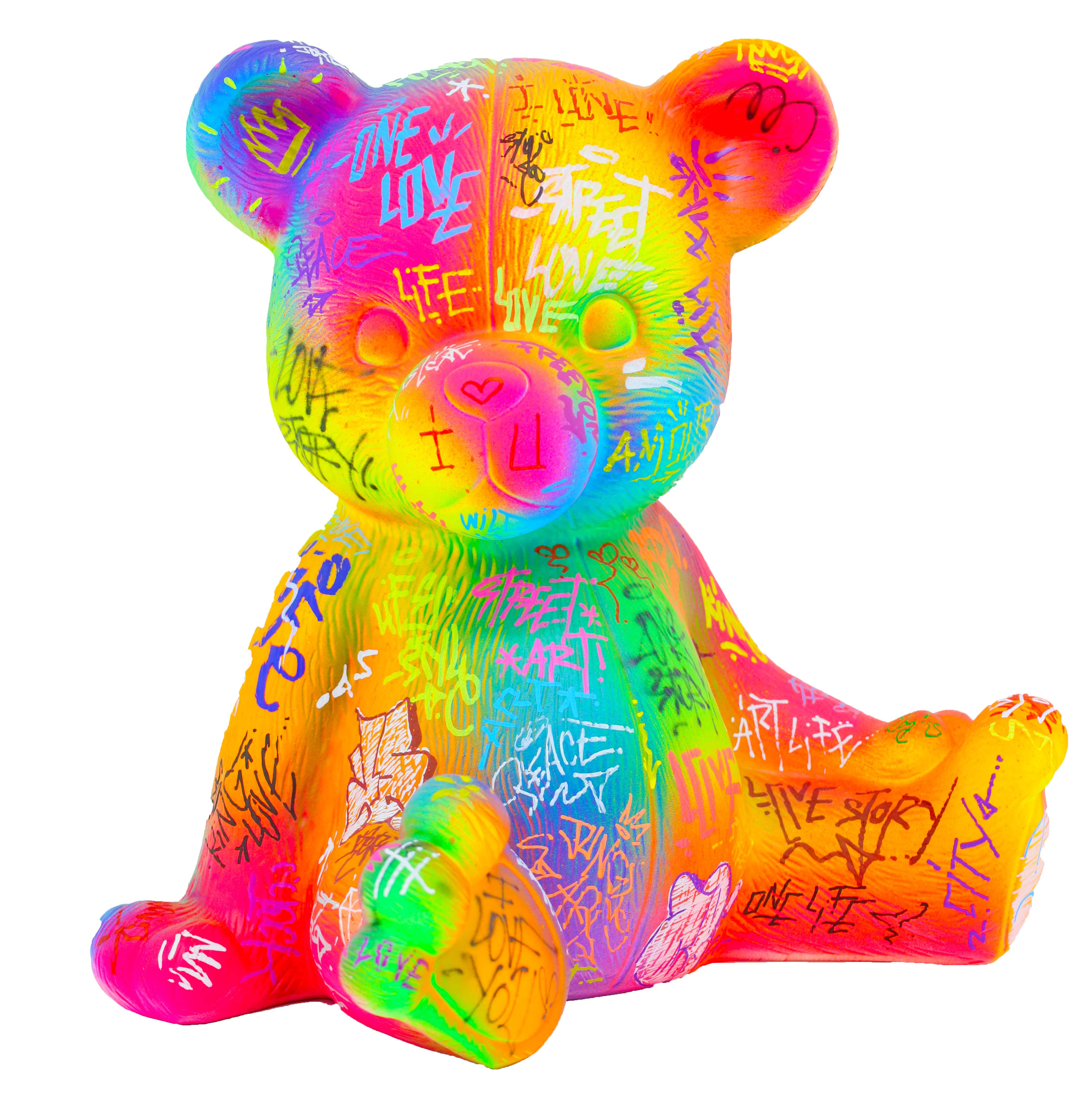 Sculpture Wild Bear ourson en résine multicolore, design pop art abstrait et street art. Déco intérieure moderne et originale