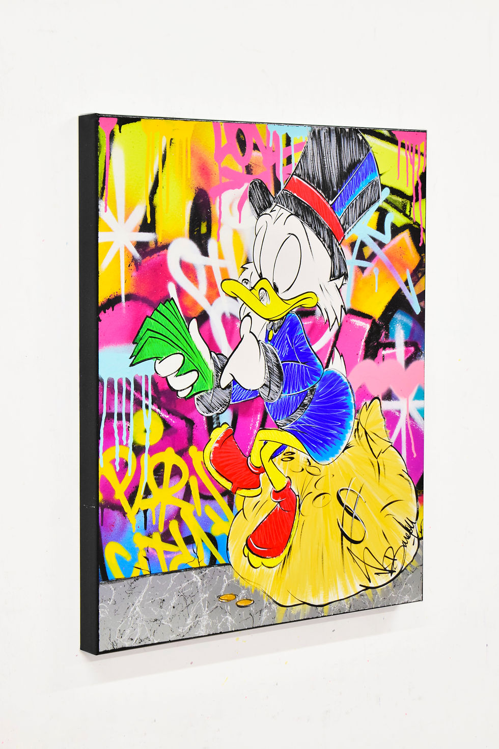 Tableau Picsou street art pop art cash sur toile, peinture moderne Disney avec design graffiti coloré | Vincent Bardou