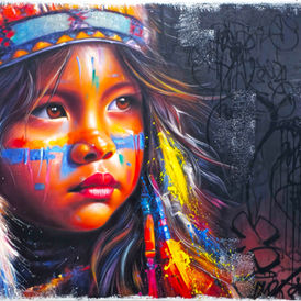 Una colección de retratos originales y únicos de nativos americanos. Obras contemporáneas sobre lienzo que combinan arte callejero, pop art y arte abstracto. Pinturas multicolores y coloridas, con un estilo moderno y de diseño, perfectas para un diseño de interiores art déco. Una obra artística entre la pintura, el grafiti y el arte urbano, exclusiva y auténtica.