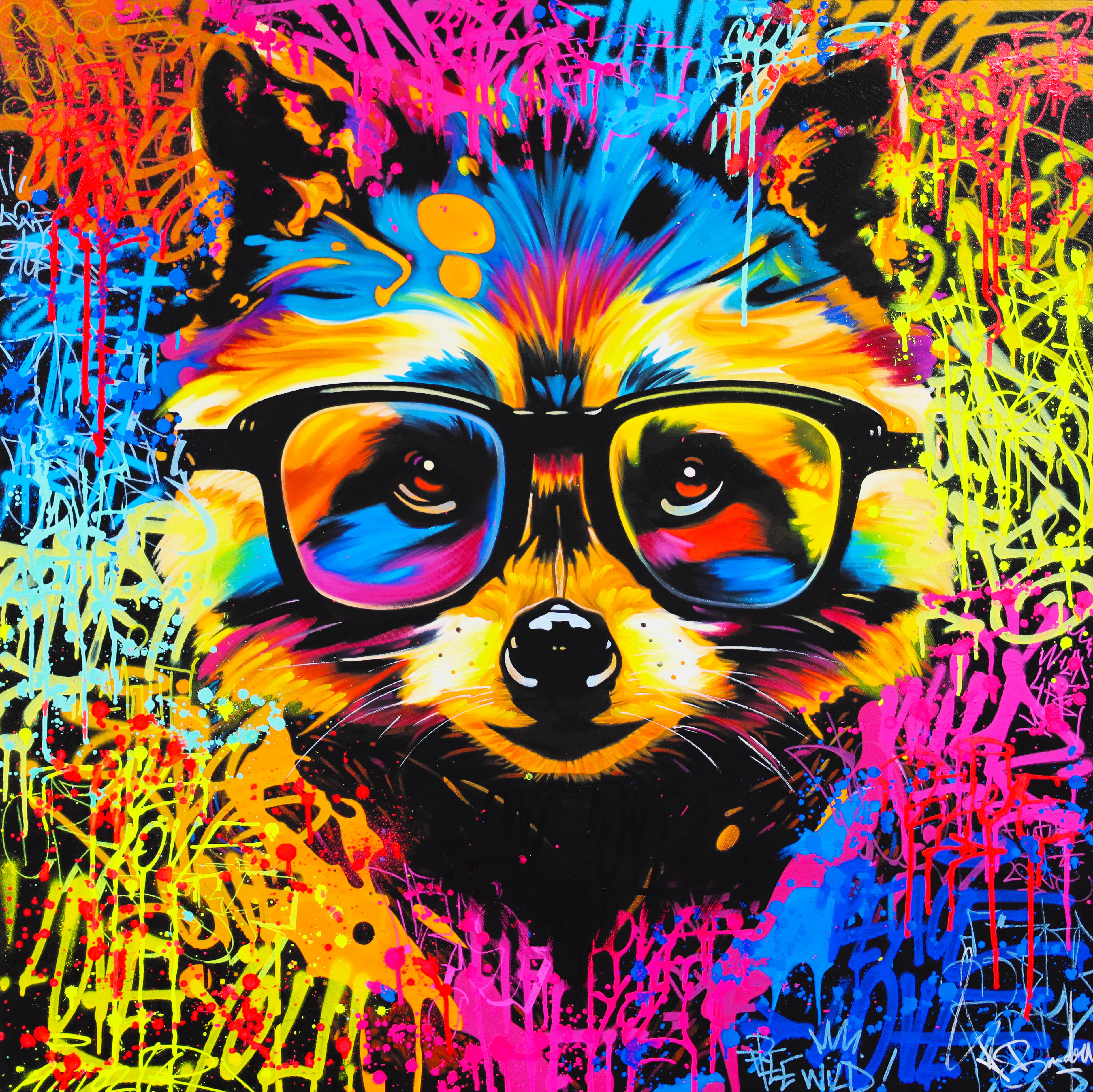 Peinture raton laveur pop art coloré par Vincent Bardou : une toile street art moderne, fun et urbaine pour une déco intérieu