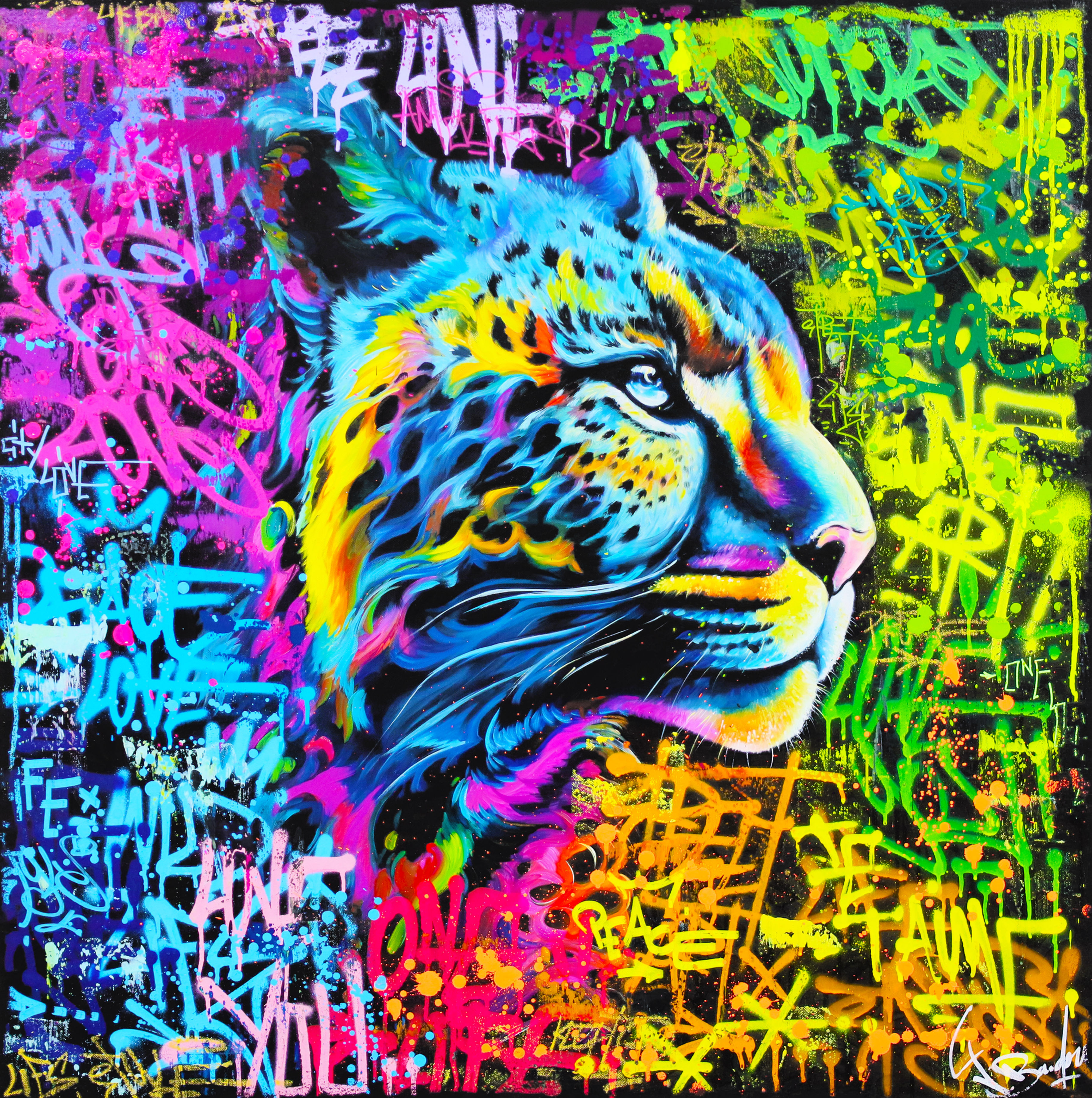 Tableau original panthère street art sur toile. Art urbain pop art, graffiti coloré signé Vincent Bardou. Déco murale design,